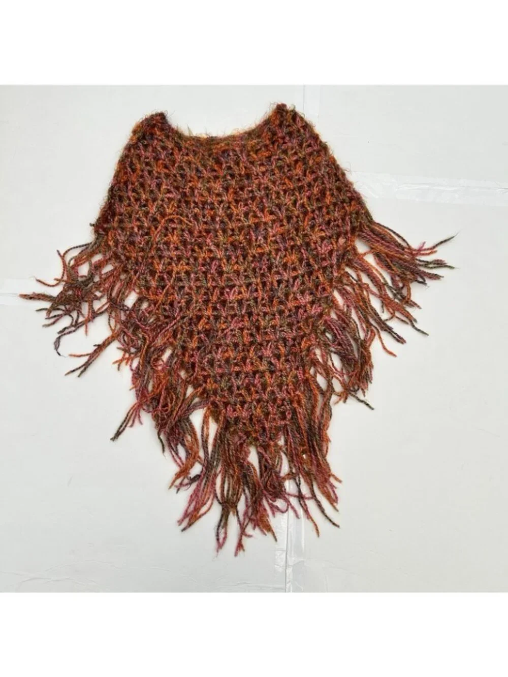 Handmade Crochet Soft Knit Shawl Orange Pink Fringe Boho Indie Festival One Size